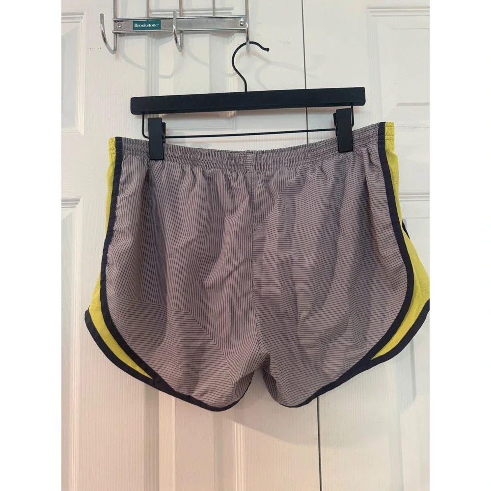 Nike Dri-FIT Tempo Running Shorts Grey Neon Yellow Pinstripe Womens Medium